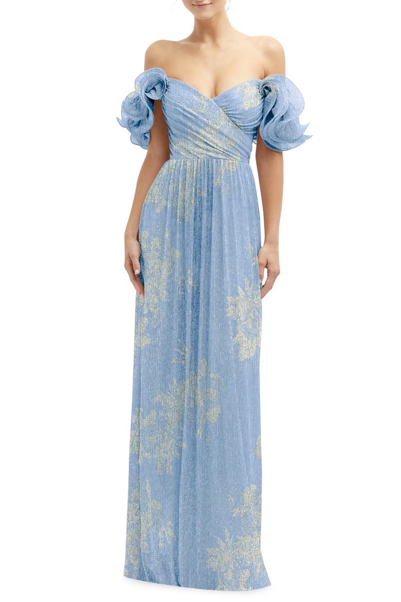 Ruffle Off the Shoulder Metallic Column Gown, Main, color, LARKSPUR