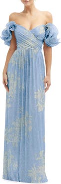 After Six Ruffle Off the Shoulder Metallic Column Gown