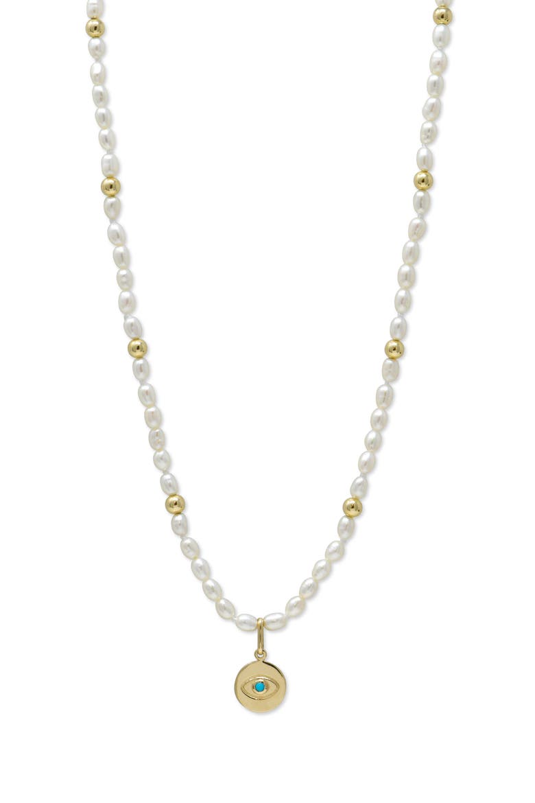 Bohème Baroque Seed Pearl Evil Eye Pendant Necklace, Main, color, 14K YELLOW GOLD/ PEARL