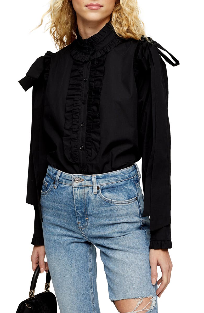 Topshop Poplin Ruffle Bow Blouse, Main, color,