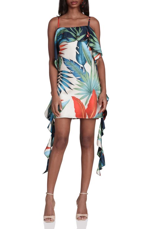 Asymmetric Ruffle Print Minidress