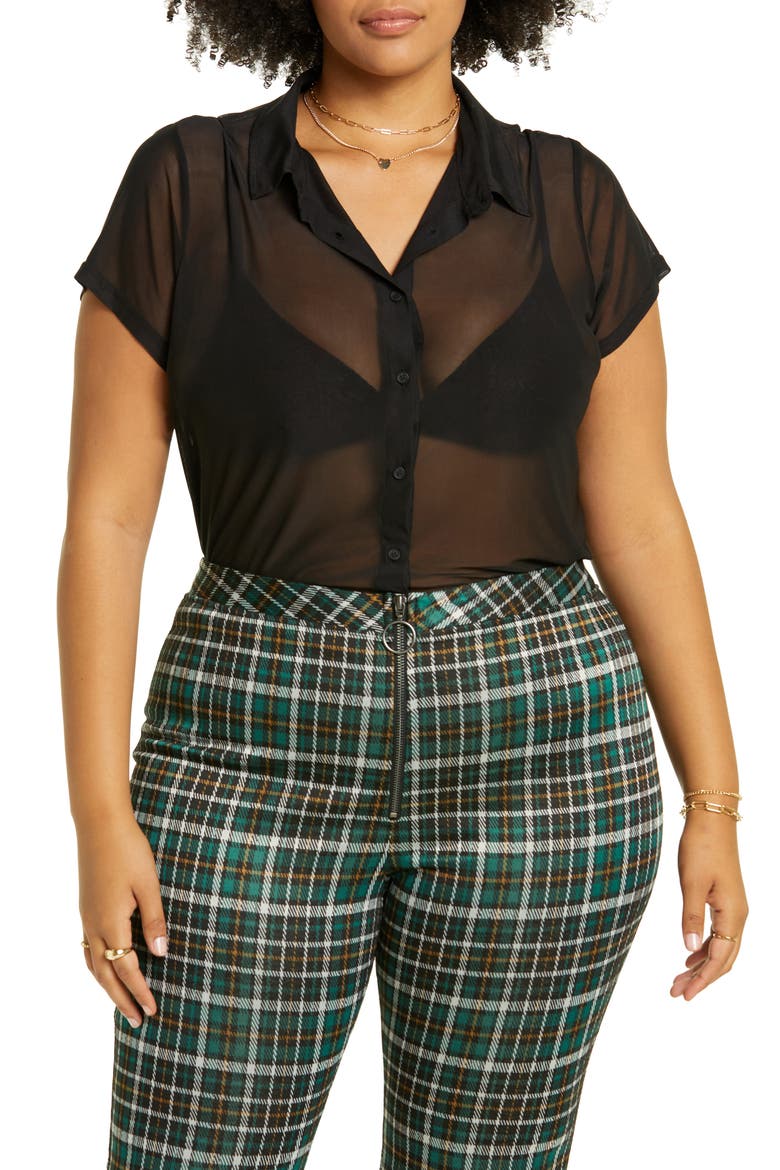 Women's Mesh Short Sleeve Button-Up Shirt, Main, color, BLACK