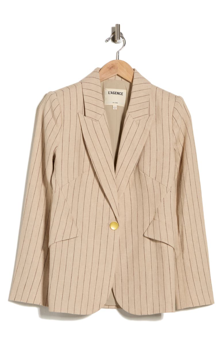 L'AGENCE Chamberlain Pinstripe Linen Blend Blazer, Alternate, color, Tan/ Brown Pinstripe