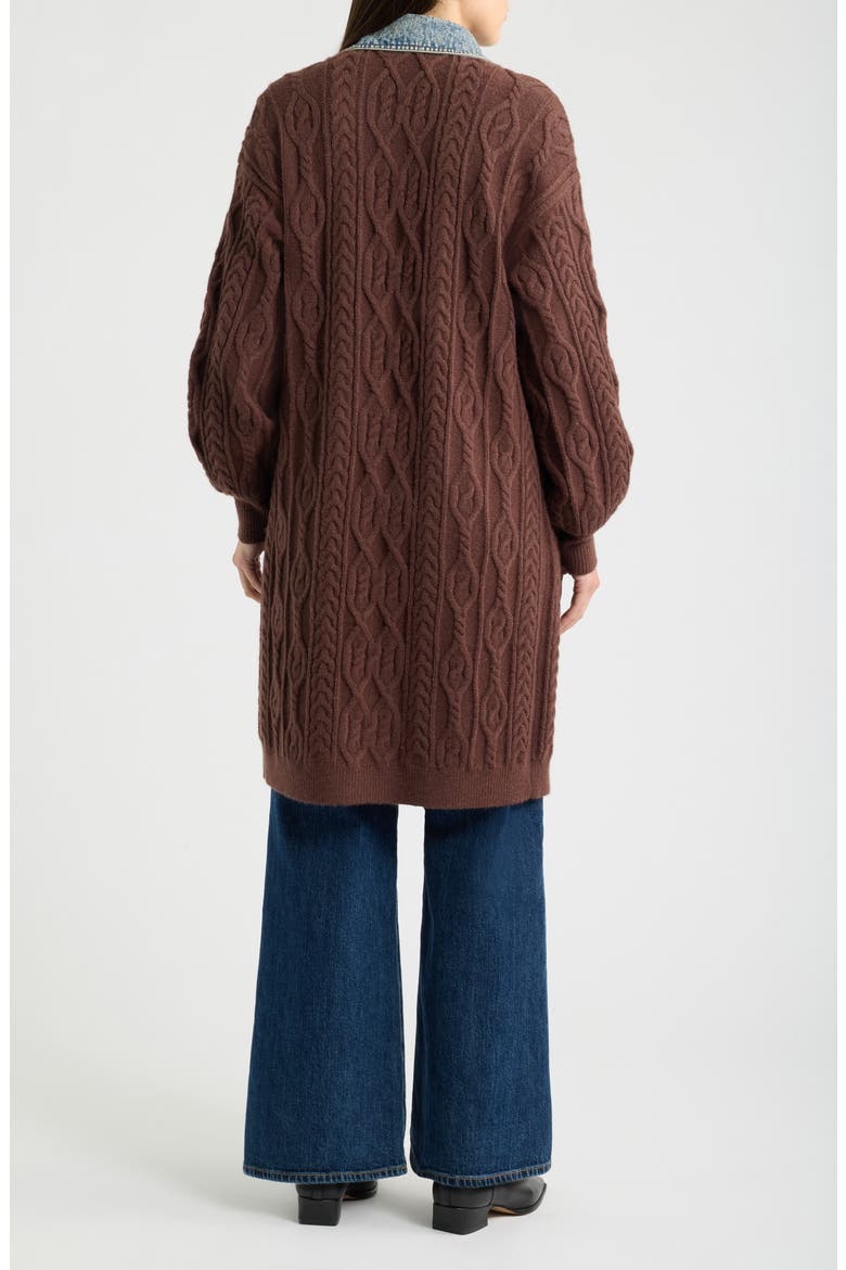 Denim Collar Cable Long Cardigan, Alternate, color, CHOCOLATE