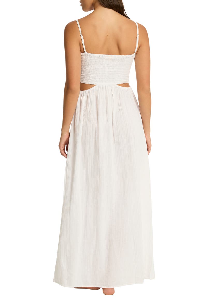 Smocked Bodice Cotton Seersucker Cover-Up Dress, Alternate, color, WHITE