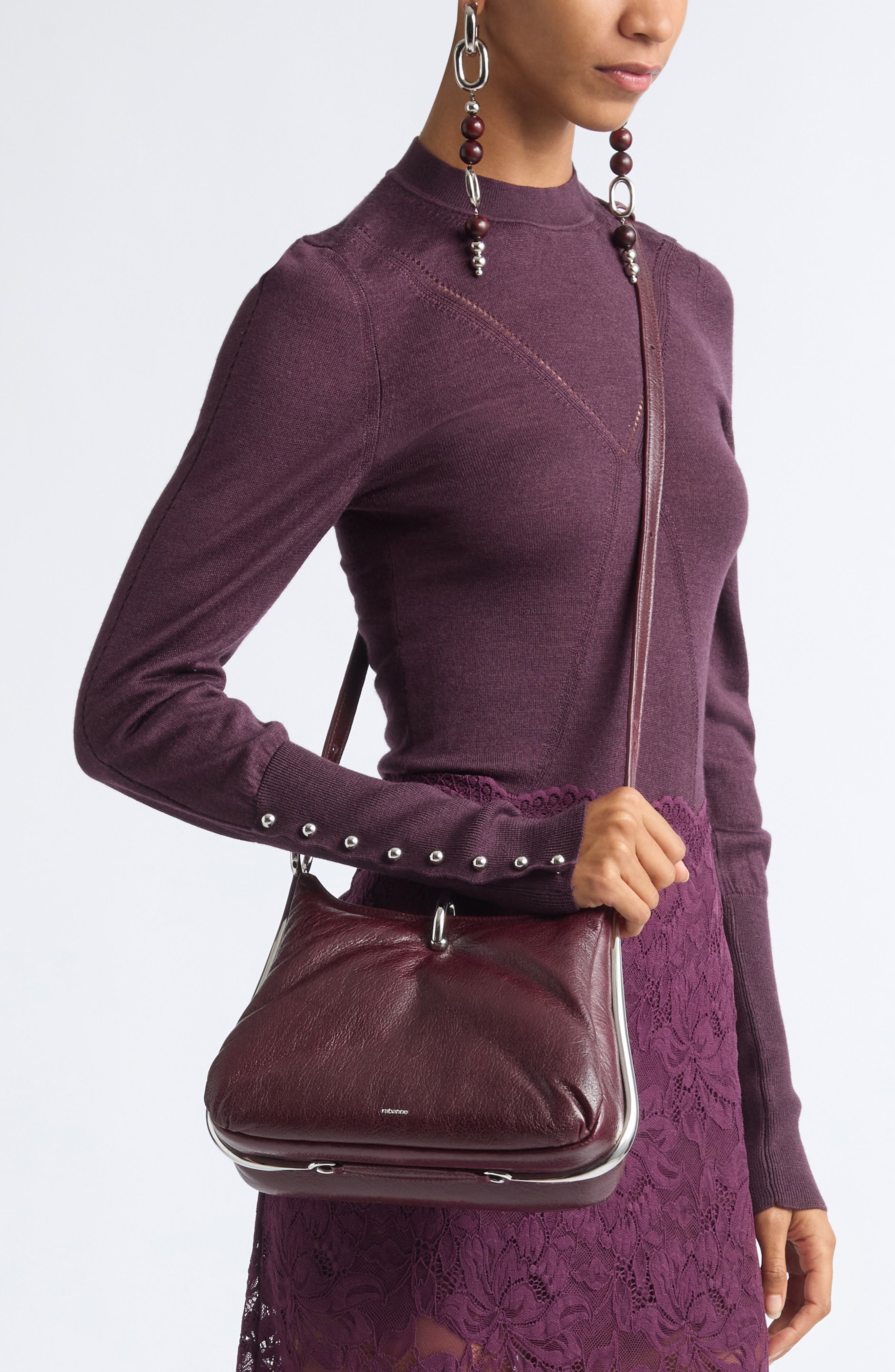 Leather Shoulder Bag, Alternate, color, DARK BROWN / SILVER