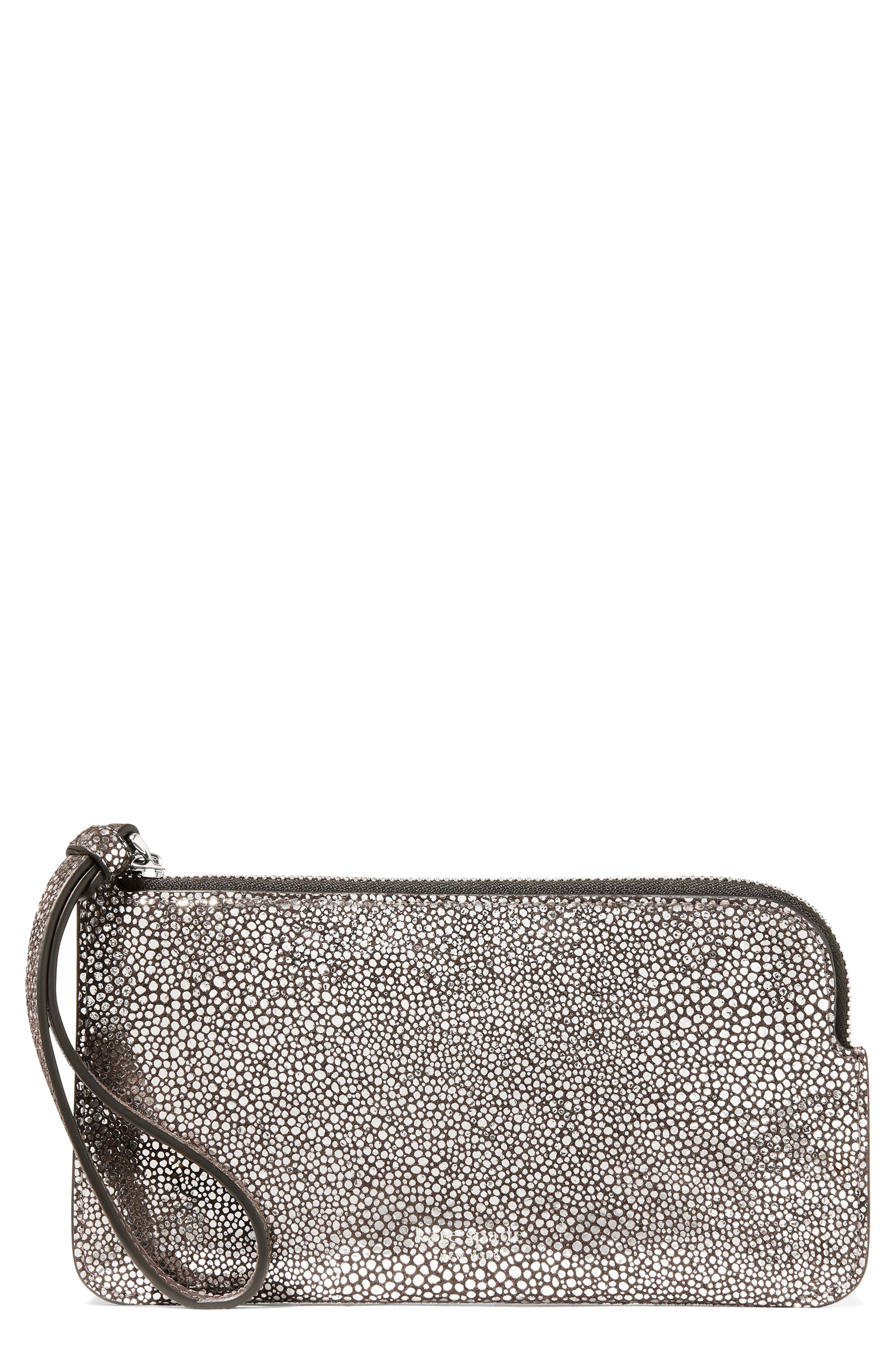 Zippy Metallic Dot Leather Wristlet, Main, color, HOT FUDGE METALLIC
