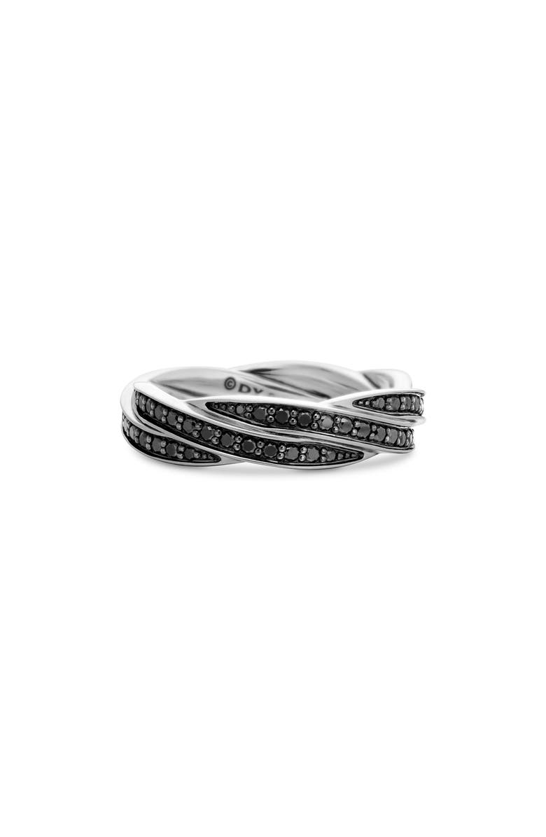 David Yurman Twisted Cable Band Ring in Silver & Rhodium Plate with Pavé Black Diamond, Main, color,