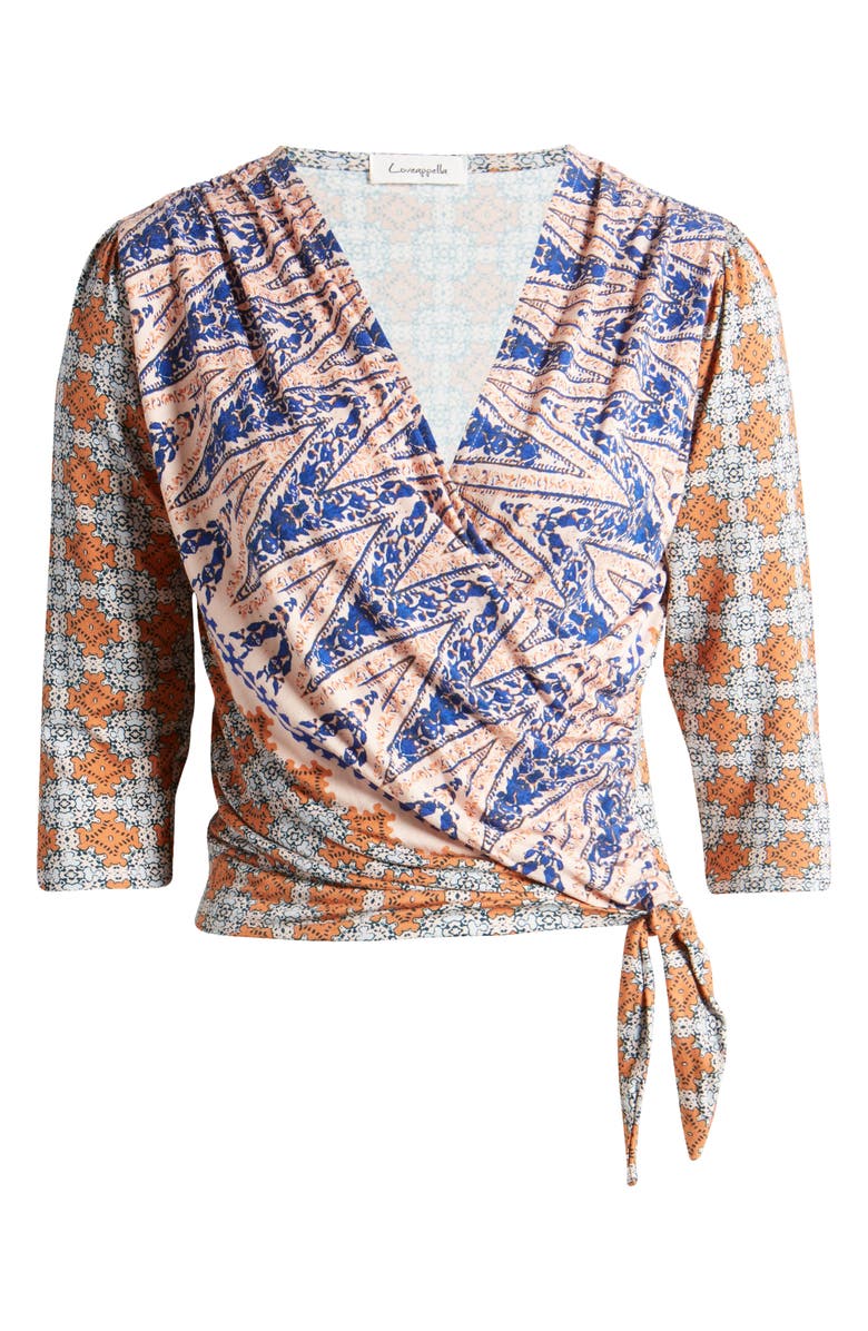 Loveappella Print Tie Waist Faux Wrap Top, Alternate, color, Blush