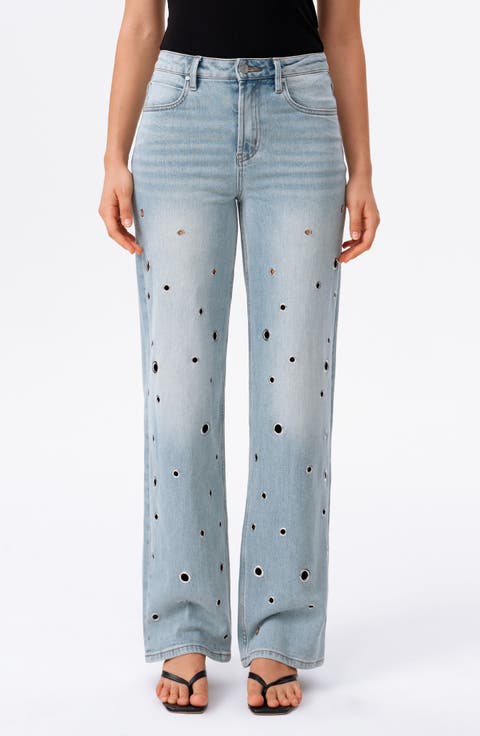 Eyelet High Waist Straight Leg Jeans