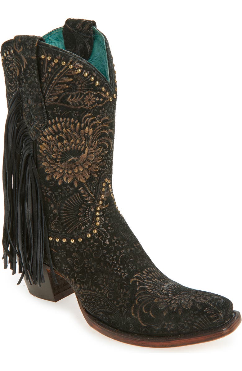 CORRAL Stamped Floral Fringe Western Boot, Main, color, Black/ Gold