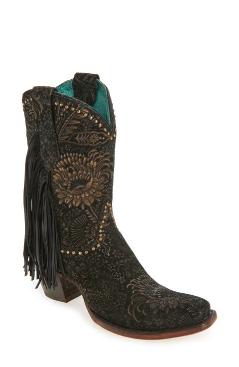 Stamped Floral Fringe Western Boot (Women)