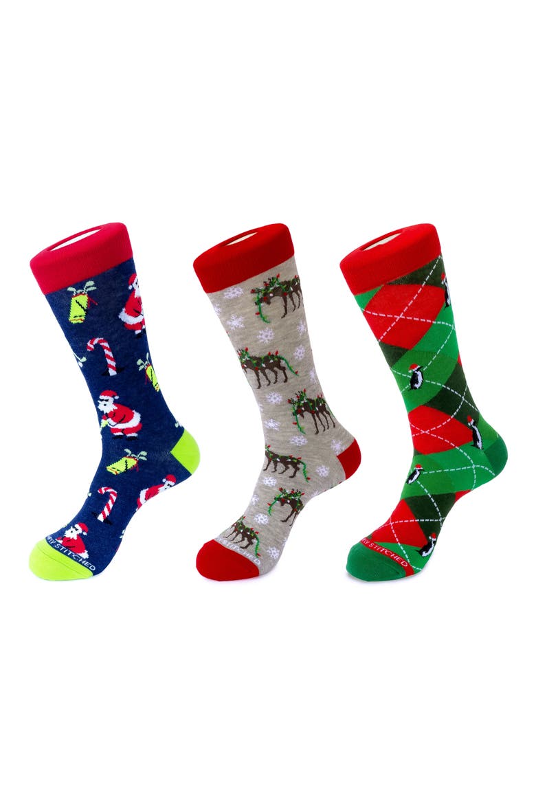3-Pack Holiday Crew Socks, Main, color, NAVY GREY GREEN RED