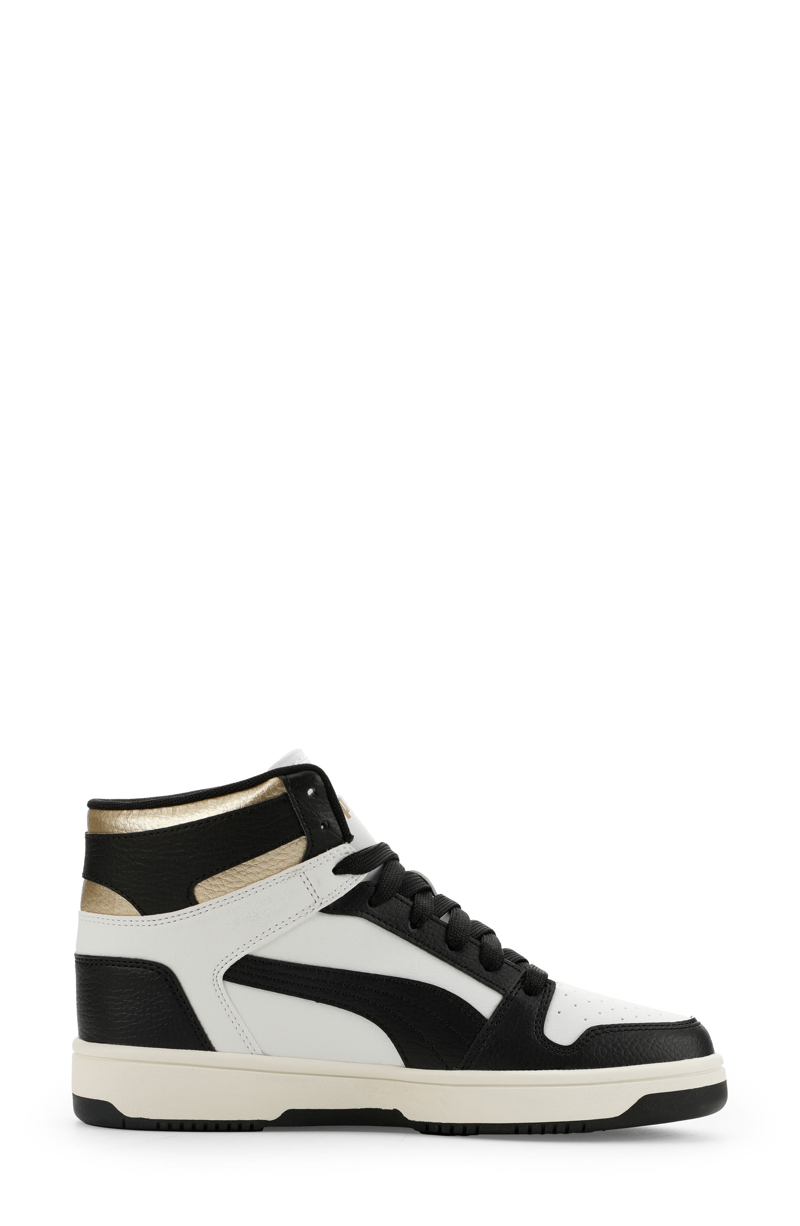 Rebound Layup High Top Sneaker, Alternate, color, PUMA WHITE/ PUMA BLACK/ GOLD