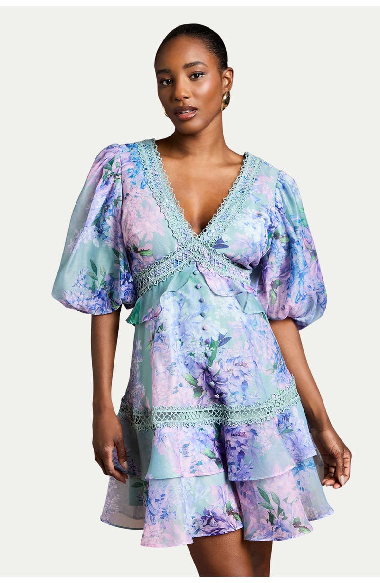 Coast Lace Trim Puff Sleeve Organza Mini Dress, Alternate, color, Sage