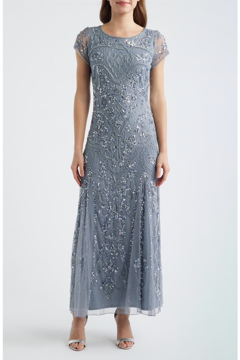 Beaded Mesh Midi Cocktail Dress, Main, color, ICE BLUE