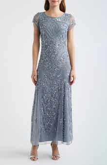 Beaded Mesh Midi Cocktail Dress