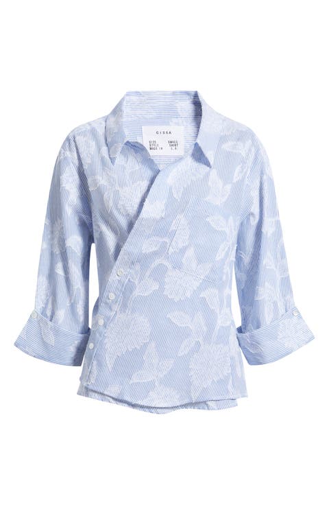 Floral Appliqué Stripe Cotton Blend Wrap Shirt
