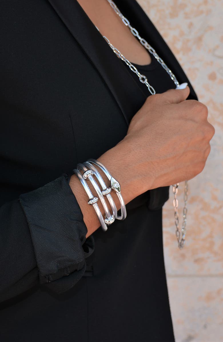 Liza Schwartz Set of 2 Starlight & Good Karma Metallic Leather Wrap Bracelets, Alternate, color, Metallic Silver