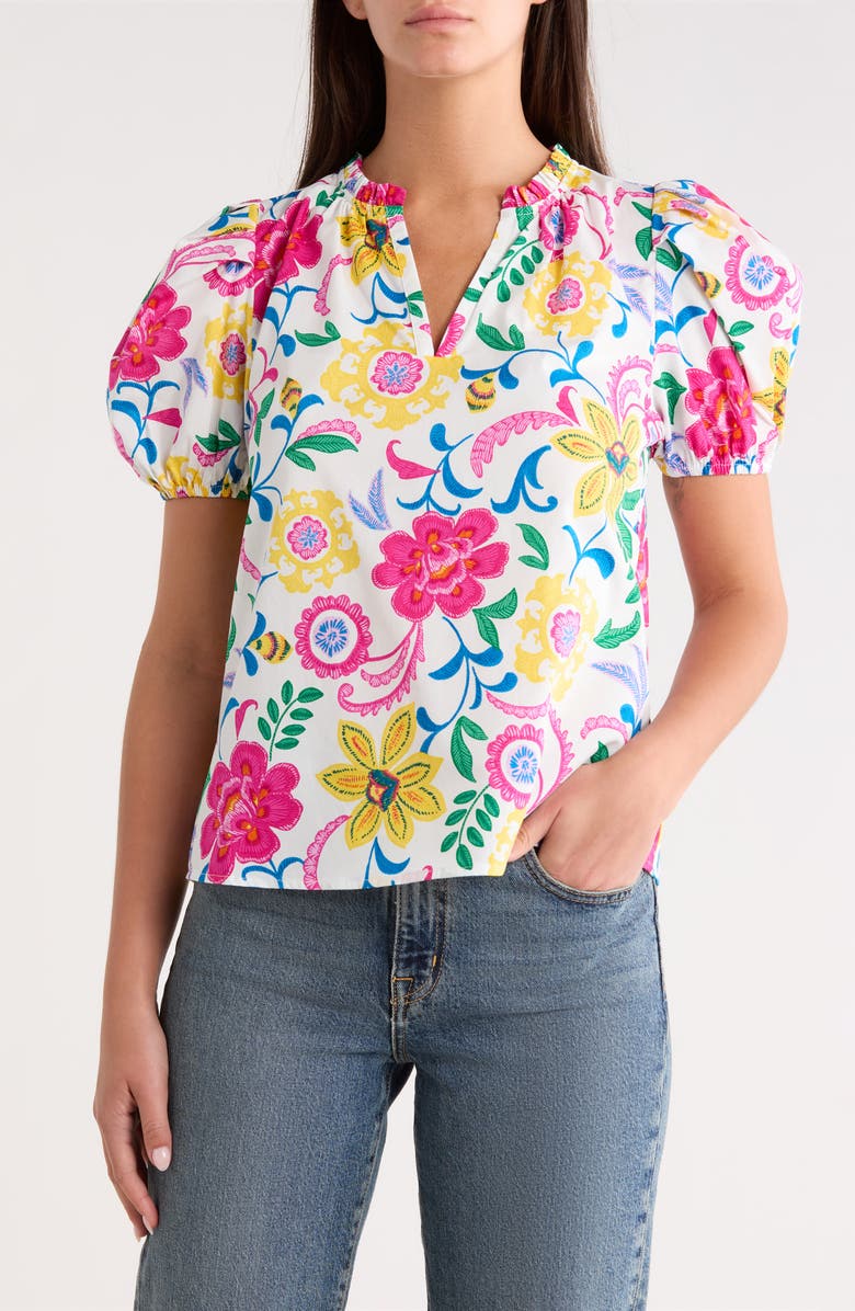 SUGARLIPS Punta Alta Berisa Split Neck Puff Sleeve Cotton Top, Main, color, White Multi