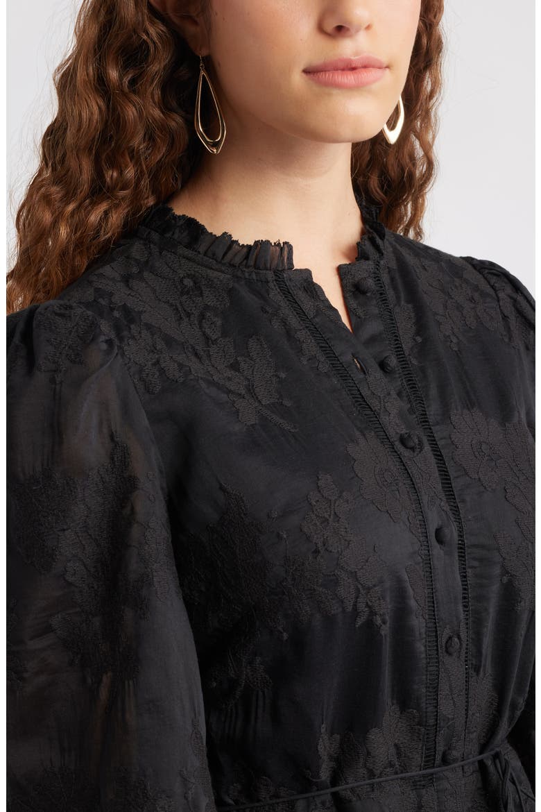 Ruffle Collar Embroidered Long Sleeve Dress, Alternate, color, BLACK