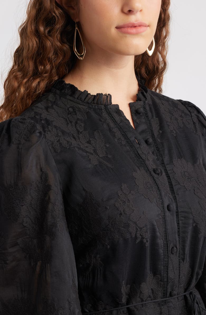 Chelsea28 Ruffle Collar Embroidered Long Sleeve Dress, Alternate, color, Black
