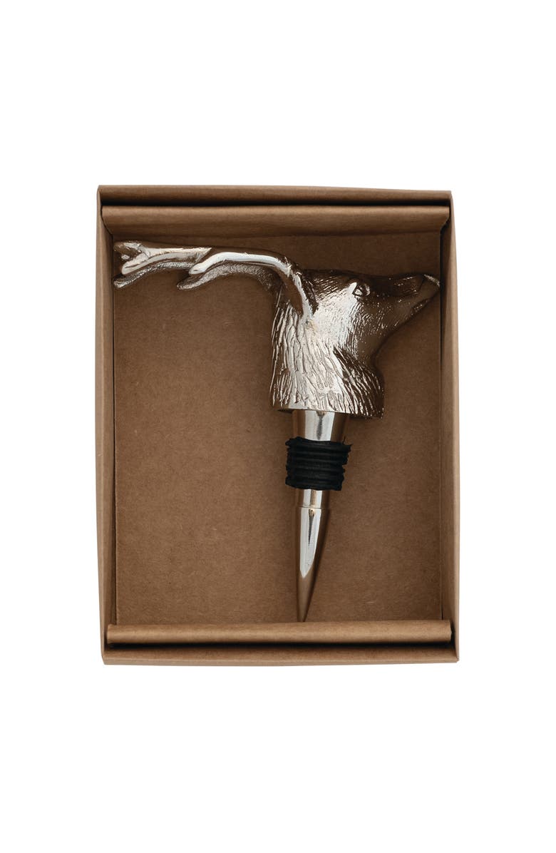 Storied Home Cast Aluminum Deer Head Bottle Stopper in Kraft Box, Nickel Finish, Main, color, Nickel