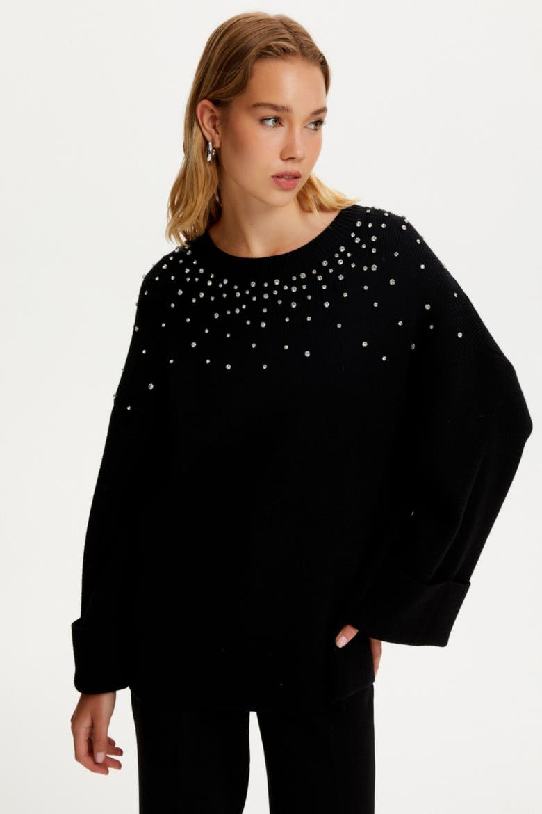 Crystal Stone Detailed Knit Sweater, Main, color, Black