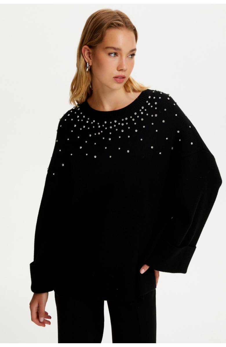 Nocturne Crystal Stone Detailed Knit Sweater, Main, color,