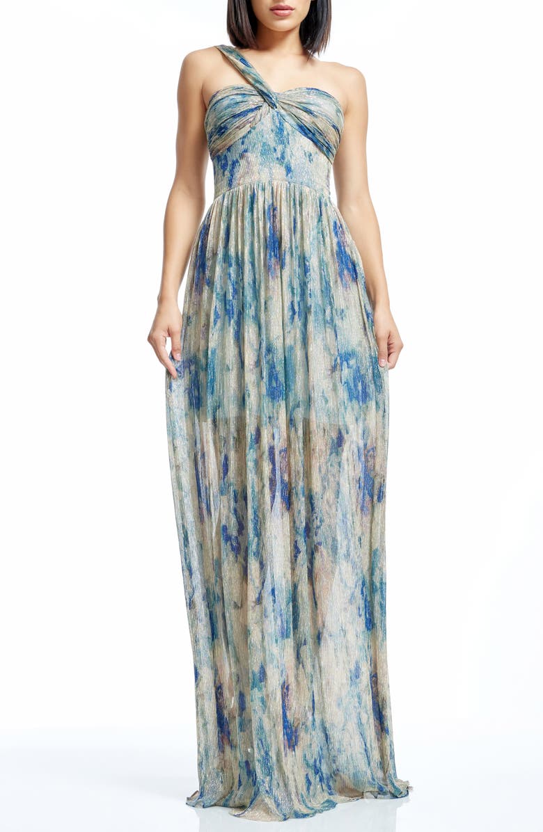 Dress the Population Idalia Metalllic Abstract Floral Print One-Shoulder Gown, Main, color, Pale Blue Multi