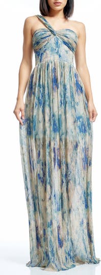 Idalia Metalllic Abstract Floral Print One-Shoulder Gown