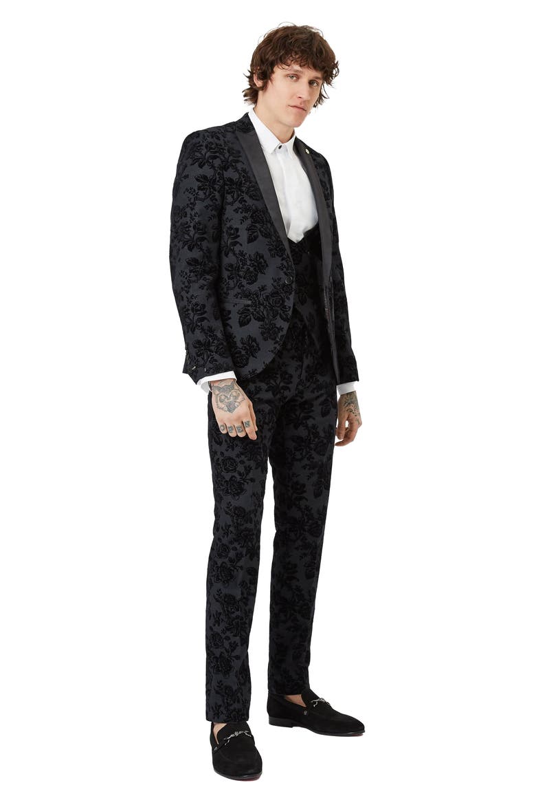 Fleet Skinny Fit Floral Tuxedo Jacket, Alternate, color, BLACK