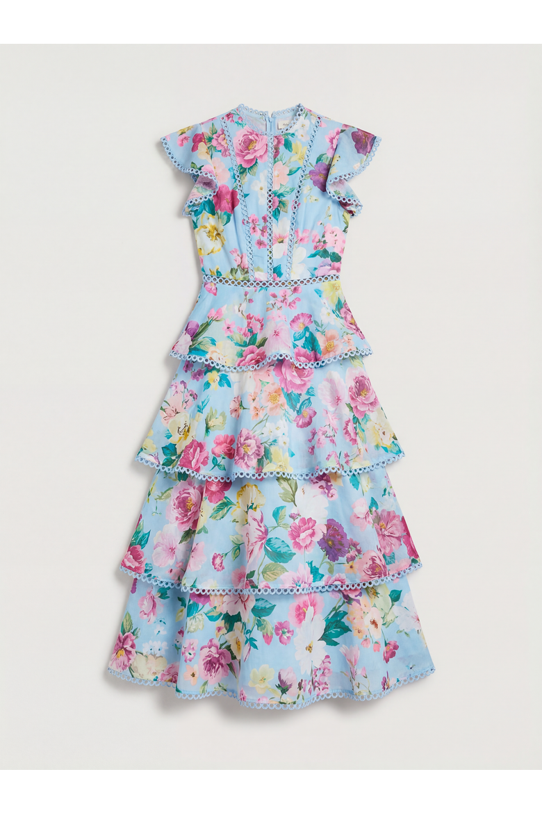 Lace Trim Tiered Organza Midi Dress, Alternate, color, Pale Blue