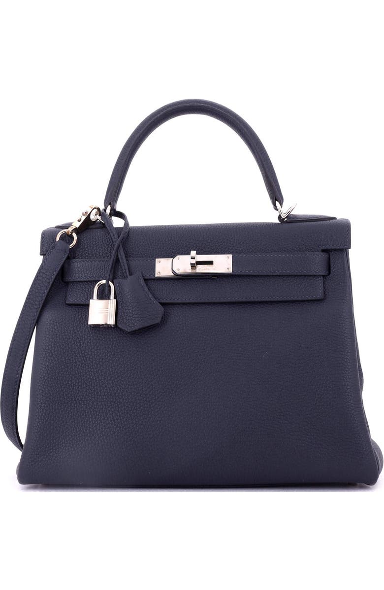 Pre-Owned Hermes Kelly Handbag Blue Togo with Palladium Hardware 28, Main, color, Bleu Nuit