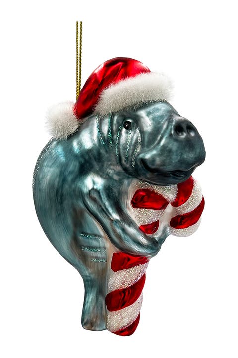 Santa Hat Manatee Candy Cane Glass Ornament