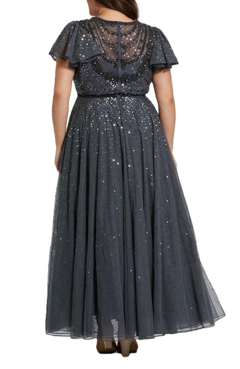 Mac Duggal Sheer Flutter Sleeve Beaded Fluffy Net Gown, Alternate, color, Charcoal