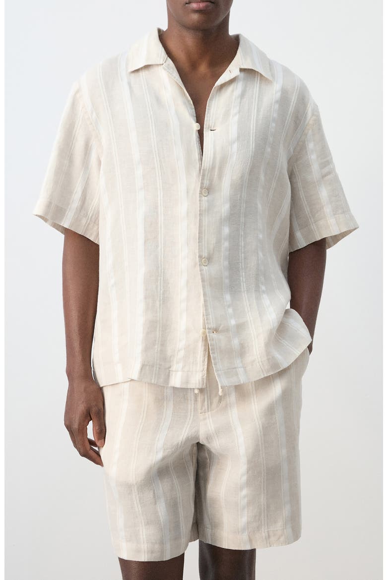 Stripe Linen & Cotton Blend Bowling Shirt, Main, color, BEIGE
