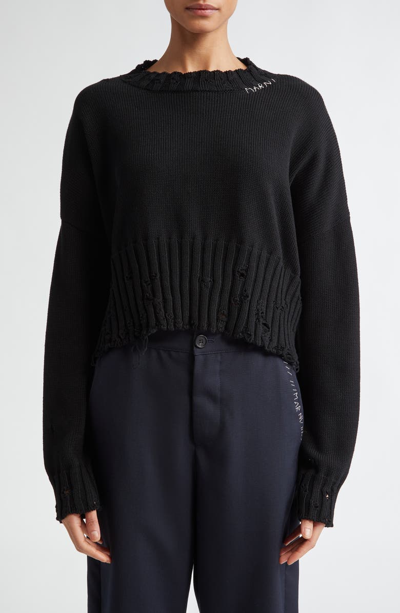 Marni Distressed Cotton Crop Sweater, Main, color,