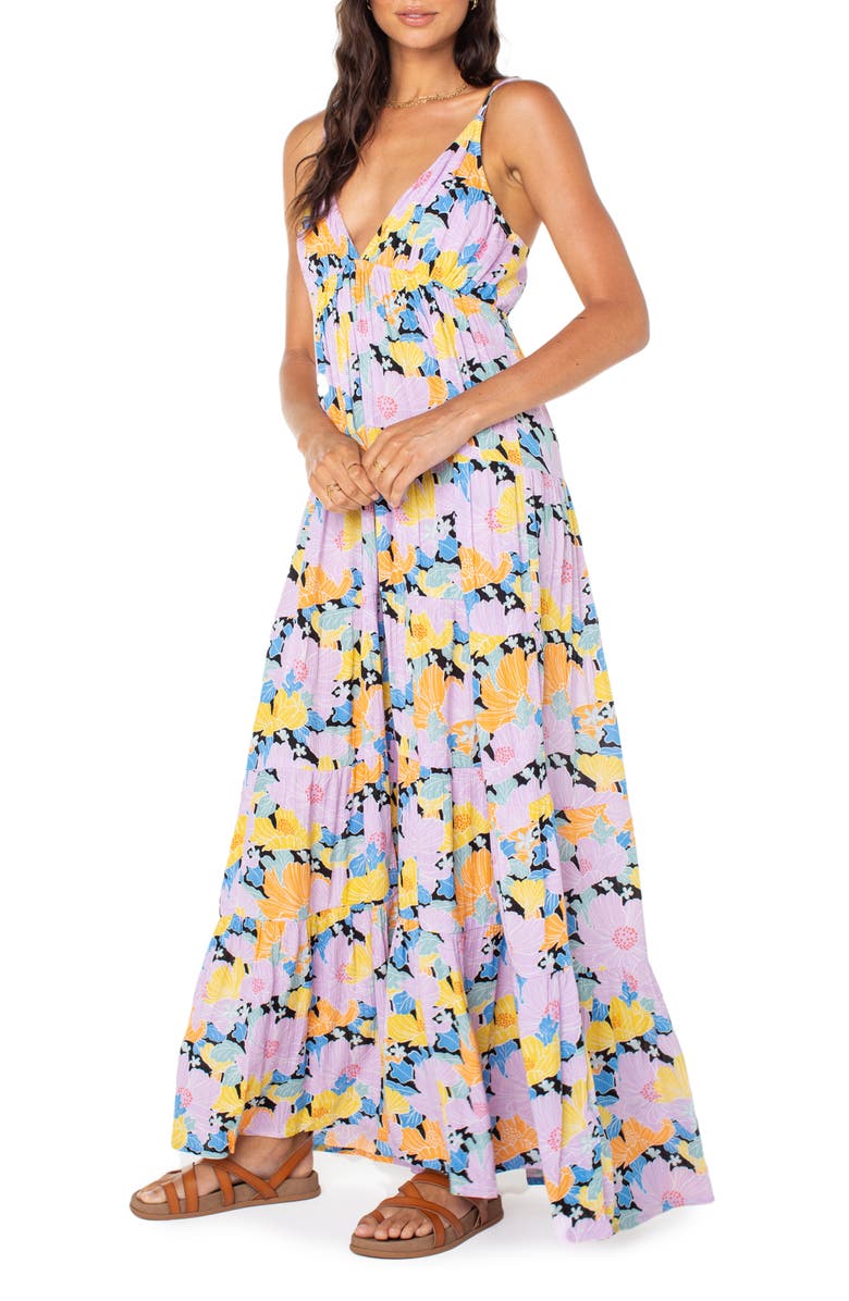 Roxy Honolulu Glow Floral Tiered Maxi Dress, Alternate, color, Anthracite/Lilac