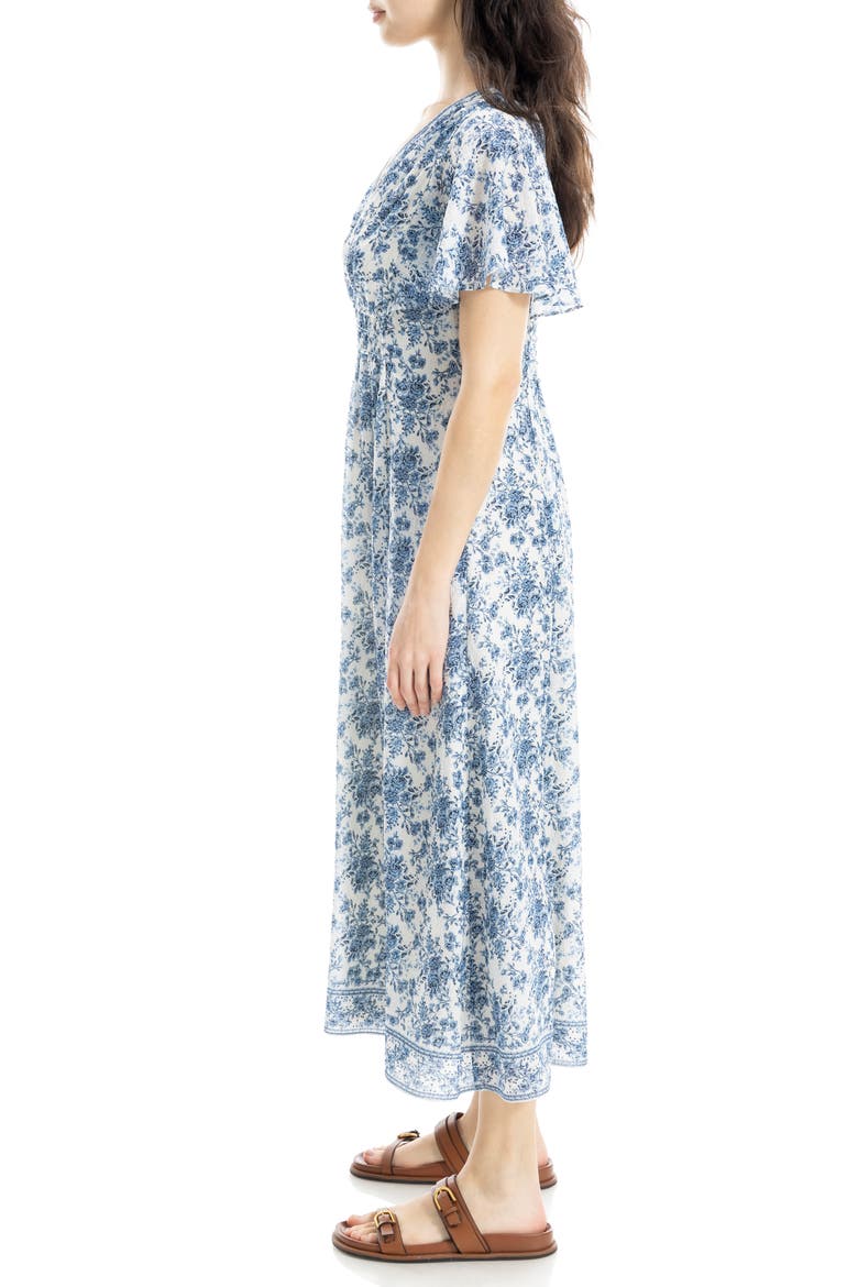 Floral Flutter Sleeve Maxi Dress, Alternate, color, CREAM/ DENIM ROSETTE