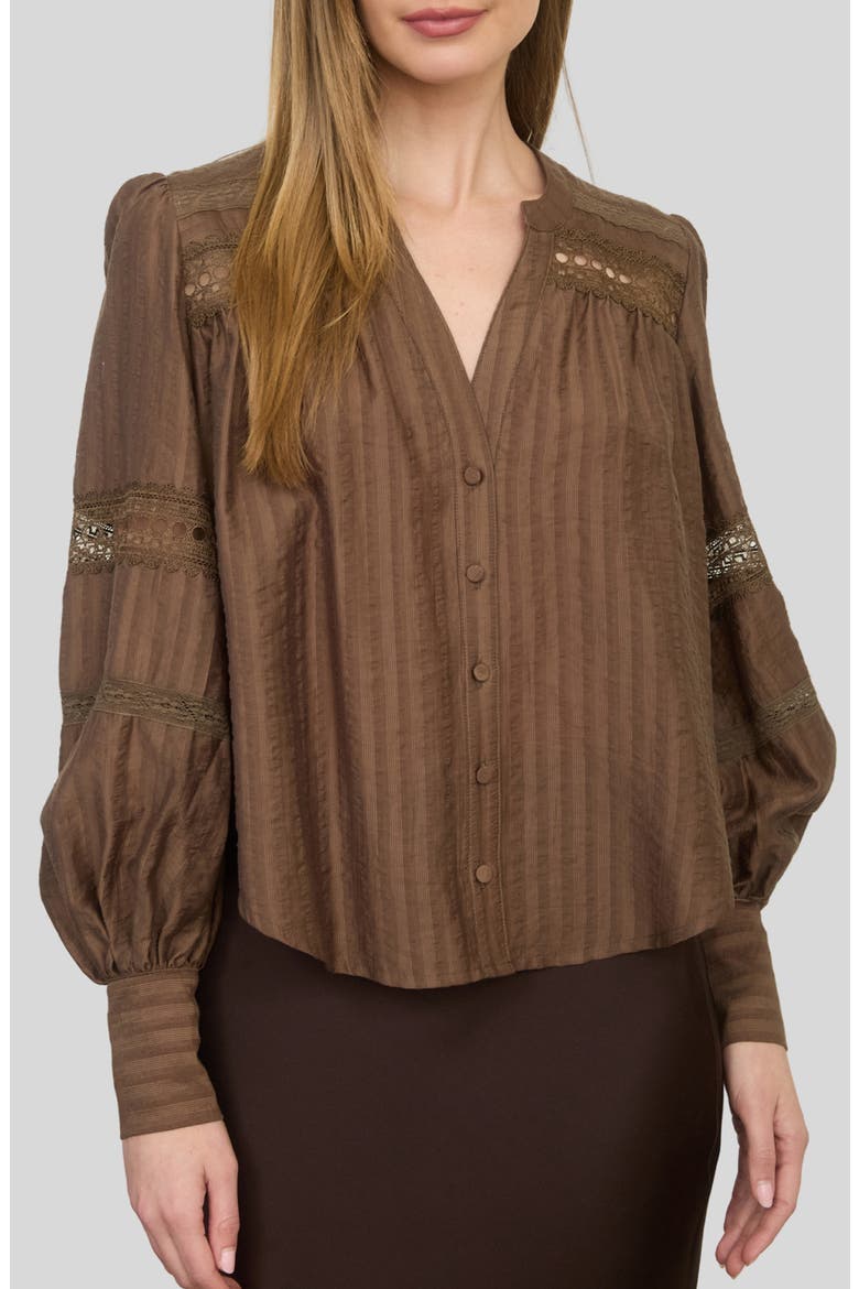Lace Detail Button Front Stripe Top, Main, color, BROWN