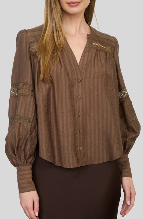 Lace Detail Button Front Stripe Top