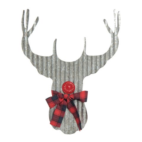 Gray Metal Corrugated Reindeer Wall Decor with Scarf - Holiday Art
