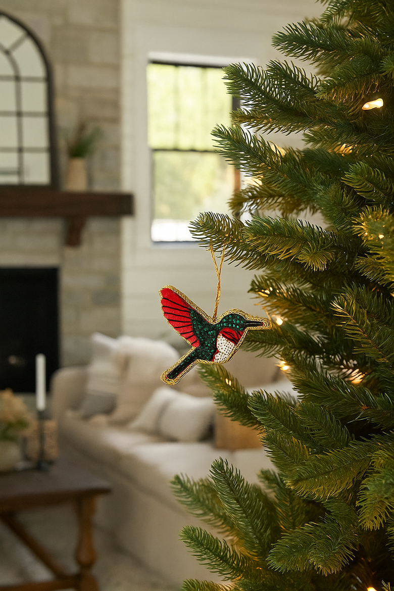 Larissa Plush Hummingbird Beaded Fabric Ornament - Embroidered, Alternate, color, Red