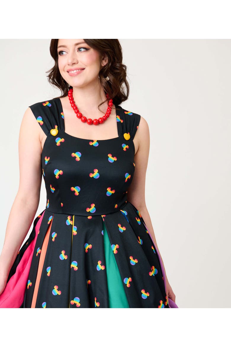 Square Neck Sleeveless Godet Swing Dress, Alternate, color, Black Rainbow Mickey Print