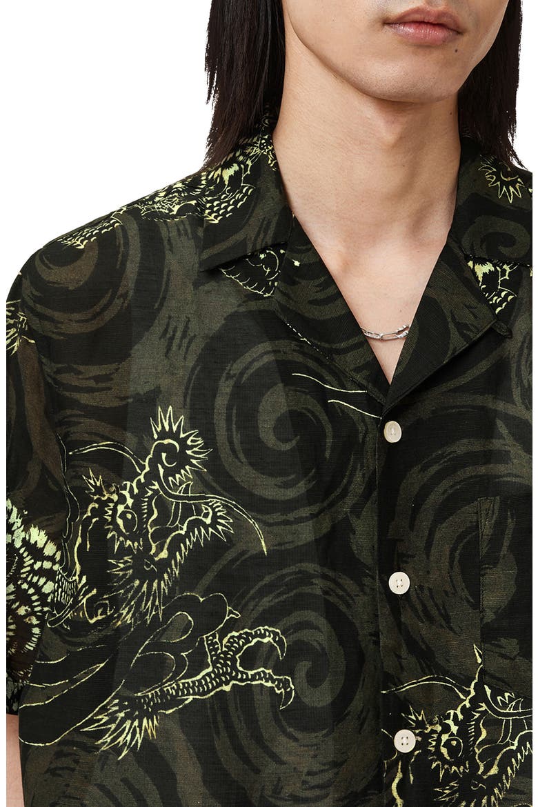 Sidewinder Dragon Print Viscose & Linen Camp Shirt, Alternate, color, KELP GREEN