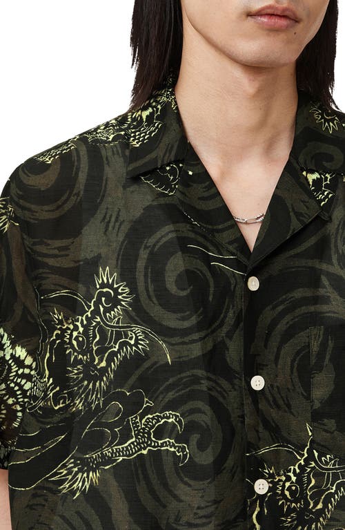 Allsaints Mens Kelp Green Sidewinder Graphic-print Short-sleeve Woven Shirt Xxl
