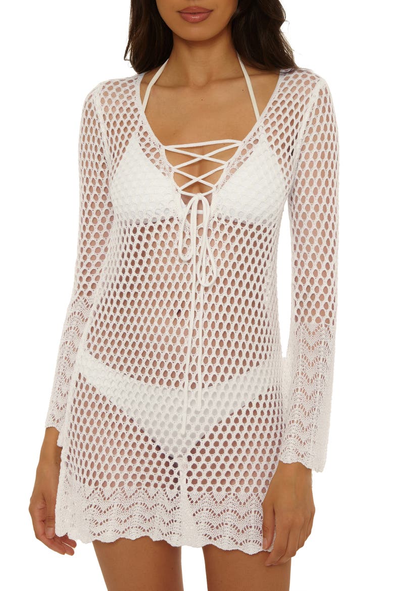 Treasure Island Long Sleeve Reversible Open Knit Cover-Up Tunic, Main, color, WHITE