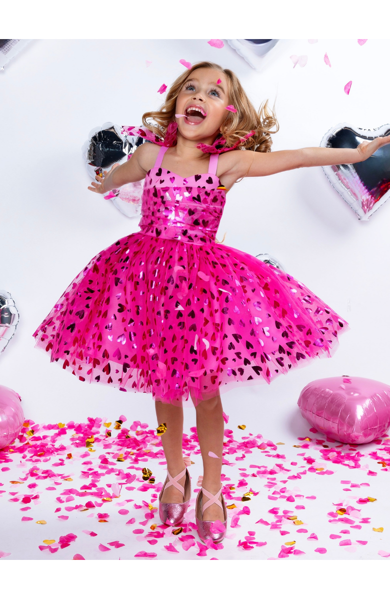 Mia Belle Girls Sweet Sparkle Pink Foil Heart Tulle Dress, Alternate, color, Pink