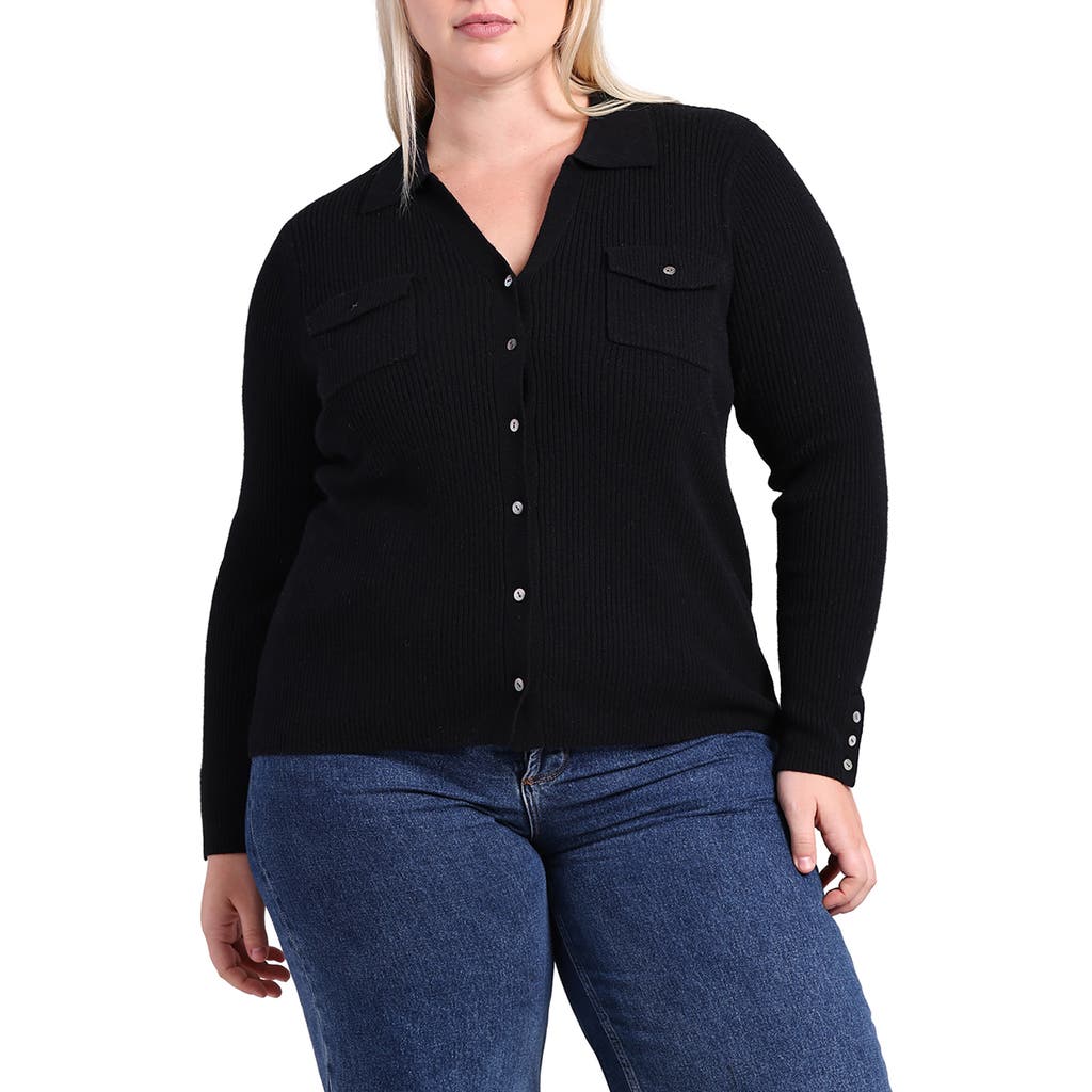 Minnie Rose Plus Size Ribbed Cashmere Button-down Shirt In Black